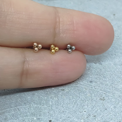 16G Tiny Piercing Tragus Cartilage Helix Piercing, Internally Threaded Labret, Tiniest Three Ball Trinity Stud, Tribead, 4mm, 8mm, 10mm Bar
