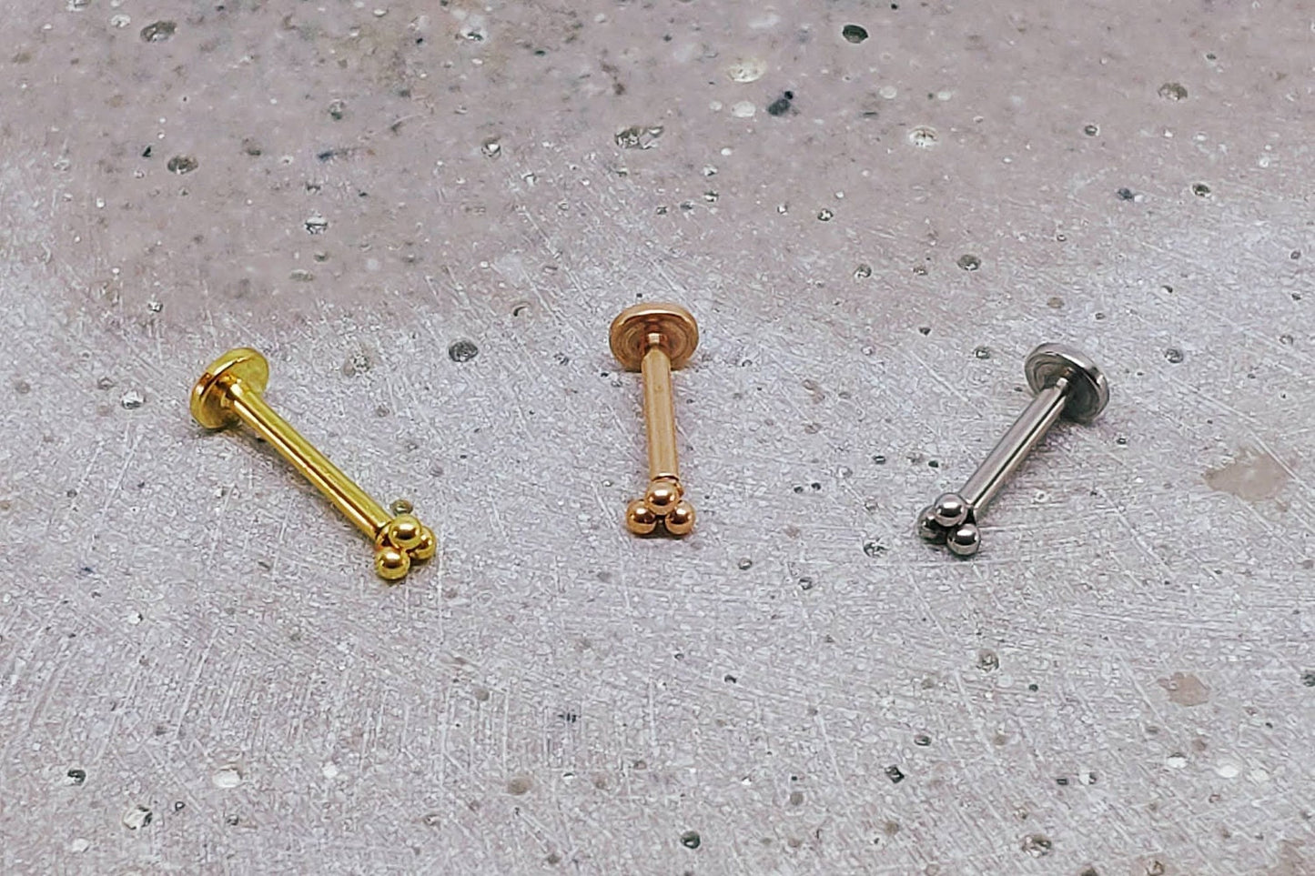 16G Tiny Piercing Tragus Cartilage Helix Piercing, Internally Threaded Labret, Tiniest Three Ball Trinity Stud, Tribead, 4mm, 8mm, 10mm Bar