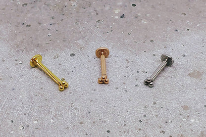 16G Tiny Piercing Tragus Cartilage Helix Piercing, Internally Threaded Labret, Tiniest Three Ball Trinity Stud, Tribead, 4mm, 8mm, 10mm Bar
