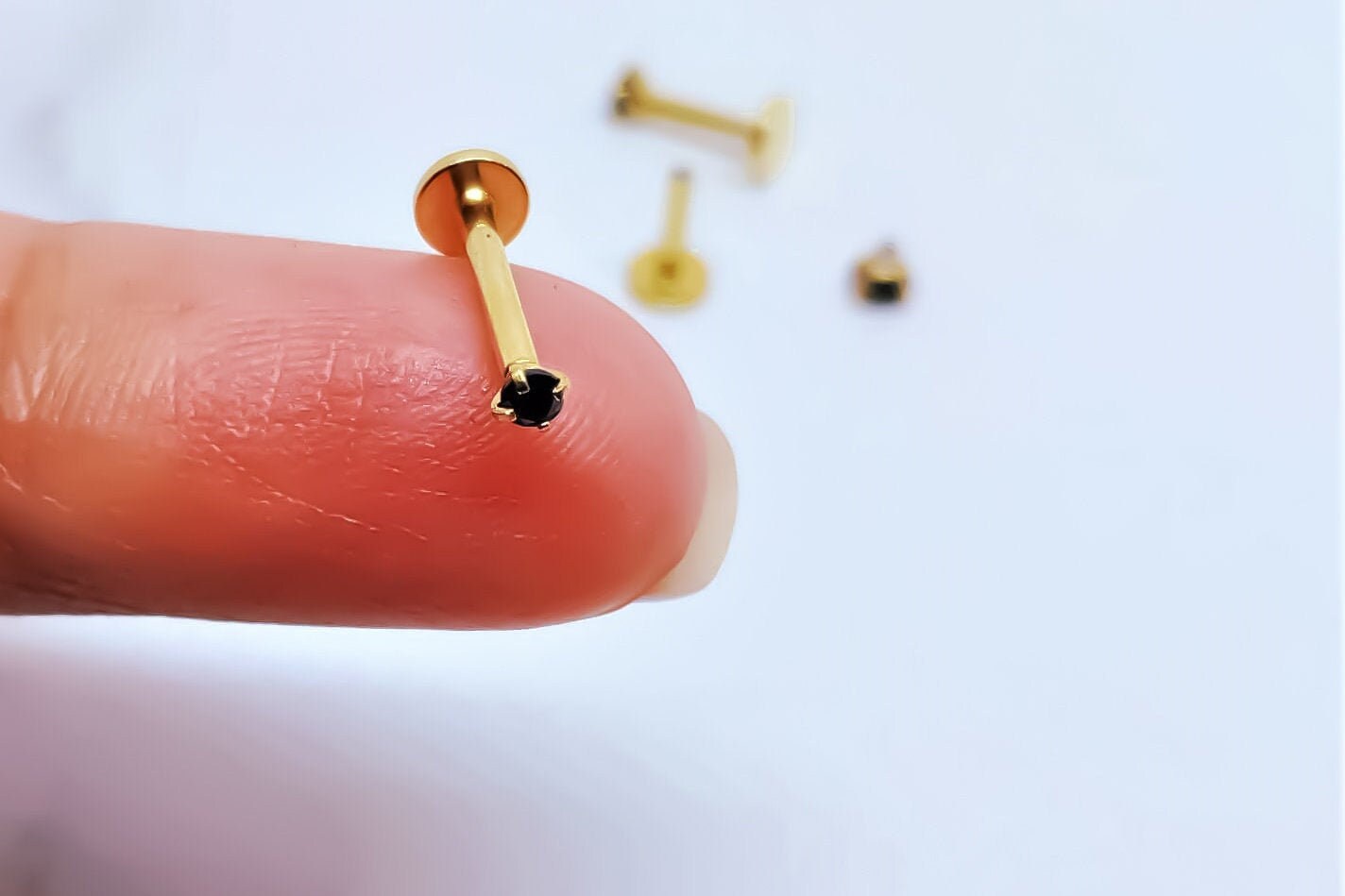 16G Gold Black CZ Piercing Stud Tiny Stud Black CZ Tragus Helix Cartilage Piercing  Flat back labret  Internally Threaded  Monroe Stud