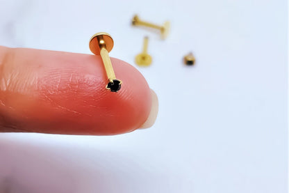16G Gold Black CZ Piercing Stud Tiny Stud Black CZ Tragus Helix Cartilage Piercing  Flat back labret  Internally Threaded  Monroe Stud