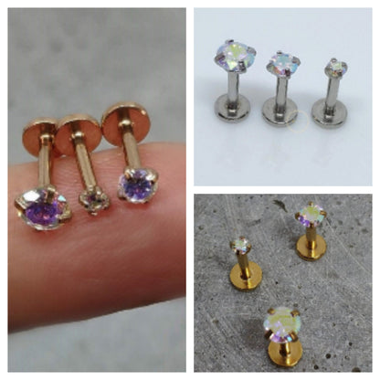16G AB Tiny Silver Single Stone CZ Piercing  Prong Earring  Tragus Helix Cartilage Piercing  Internal Thread  Flat Back  Monroe Stud