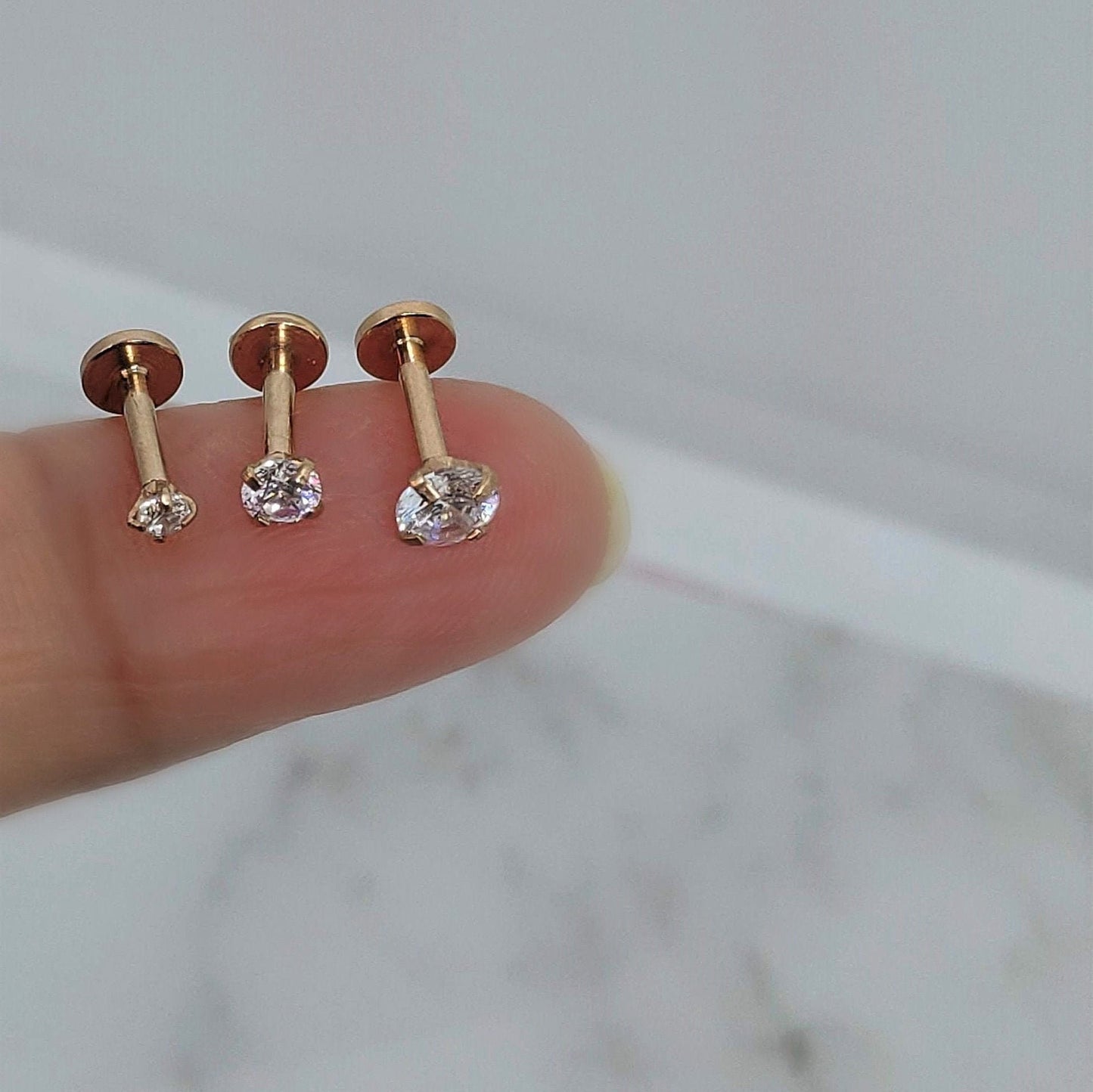 16G Tiny Rose Gold Single Stone CZ Piercing  1.5mm-4mm Stone  Tragus Helix Cartilage Piercing  Internal Thread  Monroe Flat Back Labret