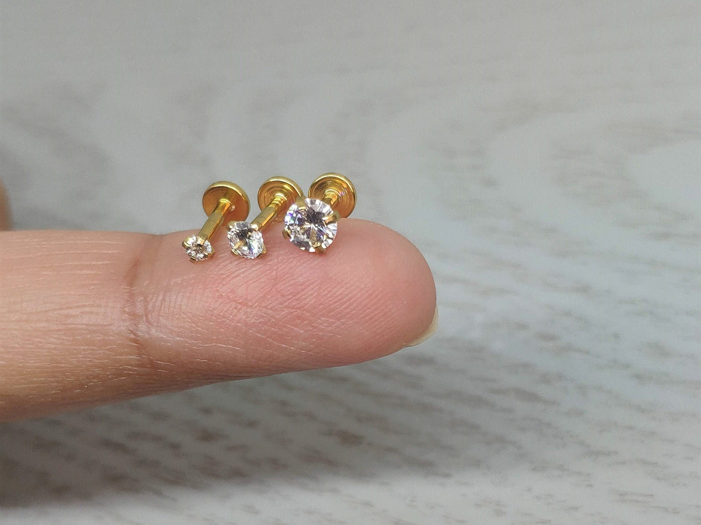 16G Very Tiny Gold CZ Stud Prong Monroe Stud 1.5mm-3mm CZ Stone  Tragus Helix Cartilage Piercing  Flat back labret  Internally Threaded