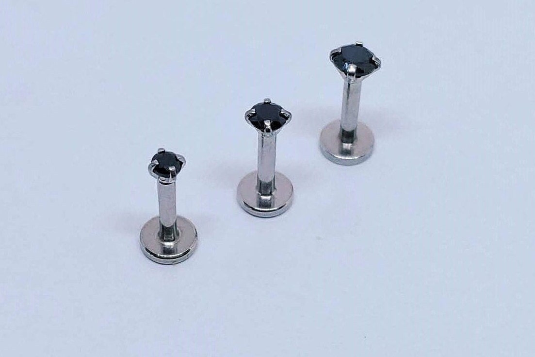 16G SilverTiny Piercing Stud  Tiny Stud  Black CZ Tragus Helix Cartilage Piercing  Flat back labret  Internally Threaded  Monroe Stud