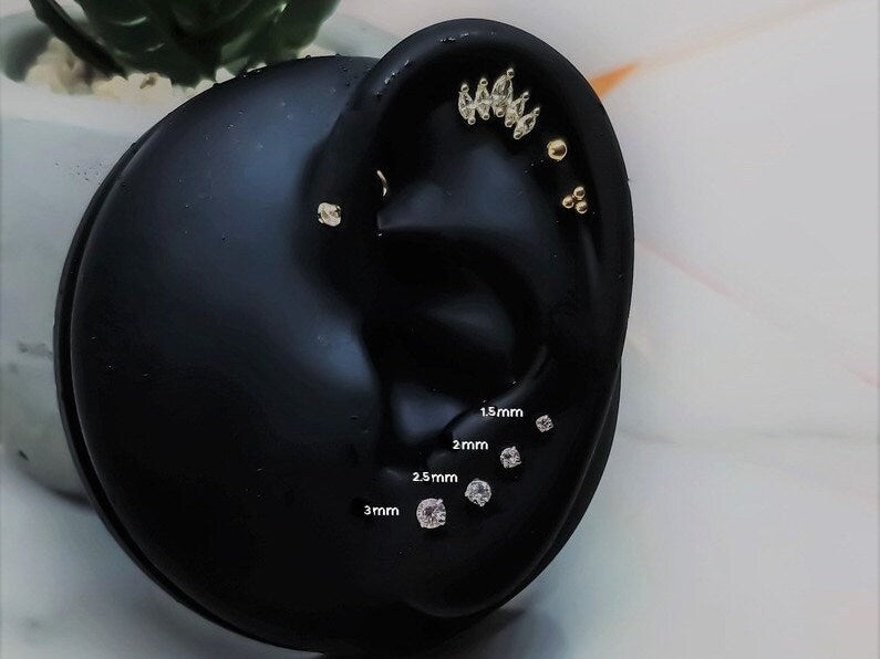 16G Very Tiny Gold CZ Stud Prong Monroe Stud 1.5mm-3mm CZ Stone  Tragus Helix Cartilage Piercing  Flat back labret  Internally Threaded