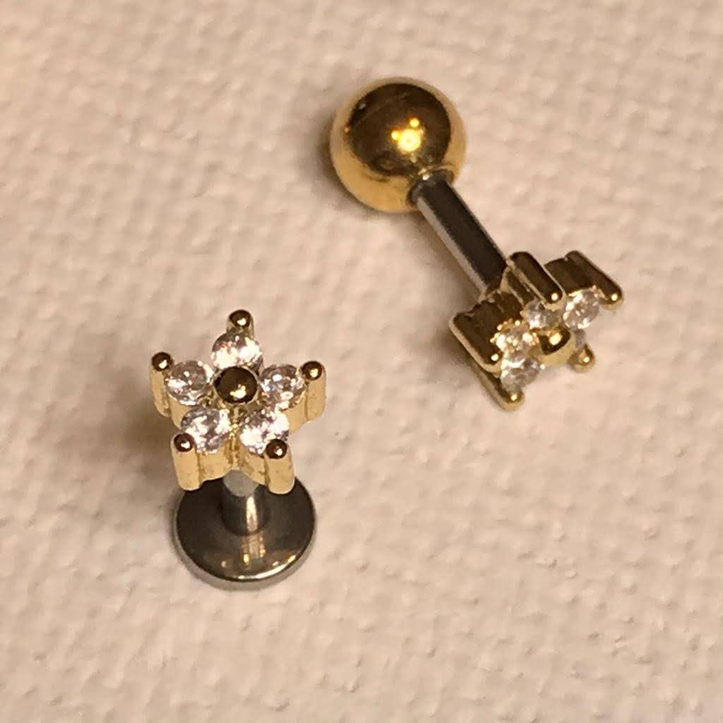 16G 18G Tiny Flower CZ Ear Piercing, Helix, Tragus, Cartilage Piercing, External Thread Ball End, Labret,  316LStainless Steel, 4mm-10mm Bar
