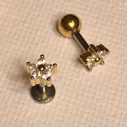 16G 18G Tiny Flower CZ Ear Piercing, Helix, Tragus, Cartilage Piercing, External Thread Ball End, Labret,  316LStainless Steel, 4mm-10mm Bar