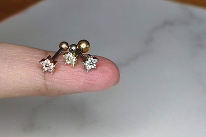 16G 18G Tiny Flower CZ Ear Piercing, Helix, Tragus, Cartilage Piercing, External Thread Ball End, Labret,  316LStainless Steel, 4mm-10mm Bar