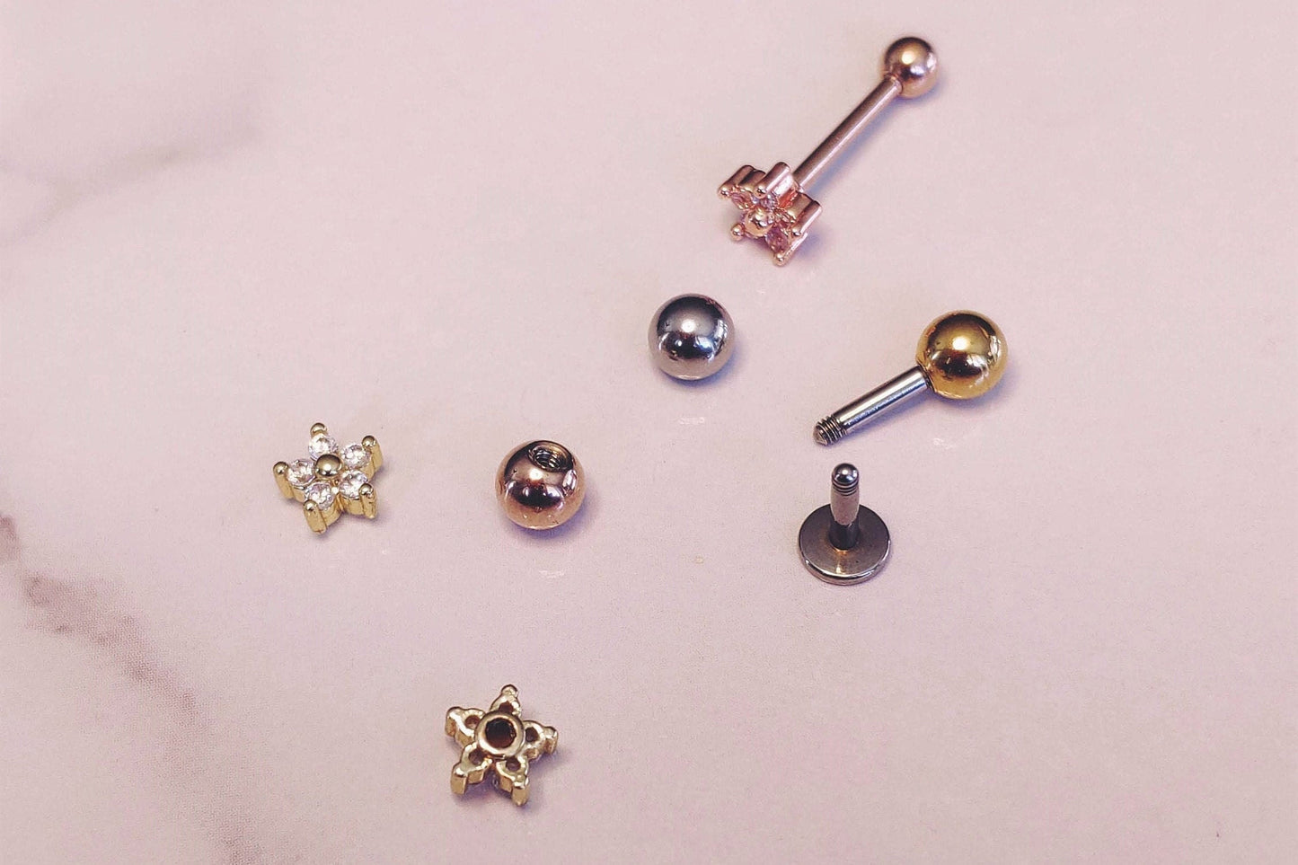 16G 18G Tiny Flower CZ Ear Piercing, Helix, Tragus, Cartilage Piercing, External Thread Ball End, Labret,  316LStainless Steel, 4mm-10mm Bar