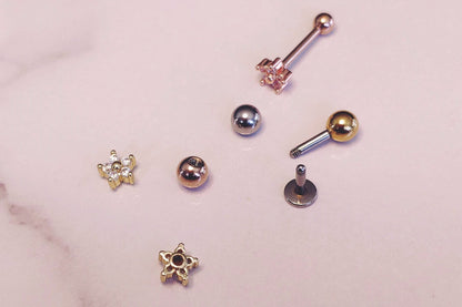 16G 18G Tiny Flower CZ Ear Piercing, Helix, Tragus, Cartilage Piercing, External Thread Ball End, Labret,  316LStainless Steel, 4mm-10mm Bar
