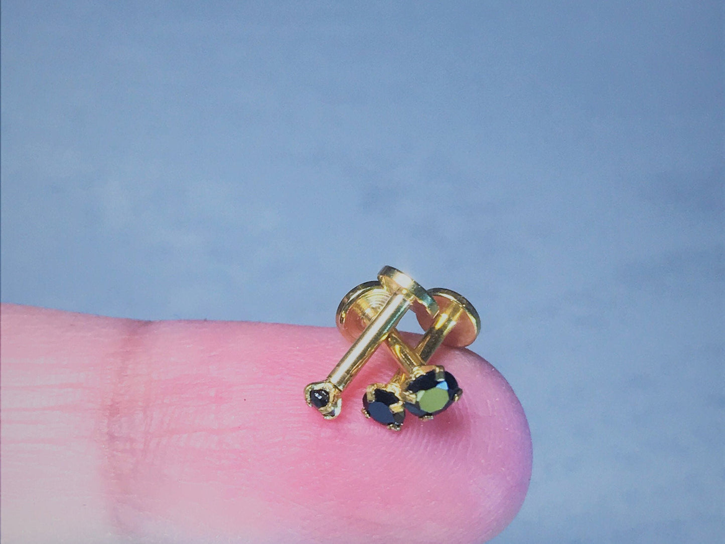 16G Gold Black CZ Piercing Stud Tiny Stud Black CZ Tragus Helix Cartilage Piercing  Flat back labret  Internally Threaded  Monroe Stud