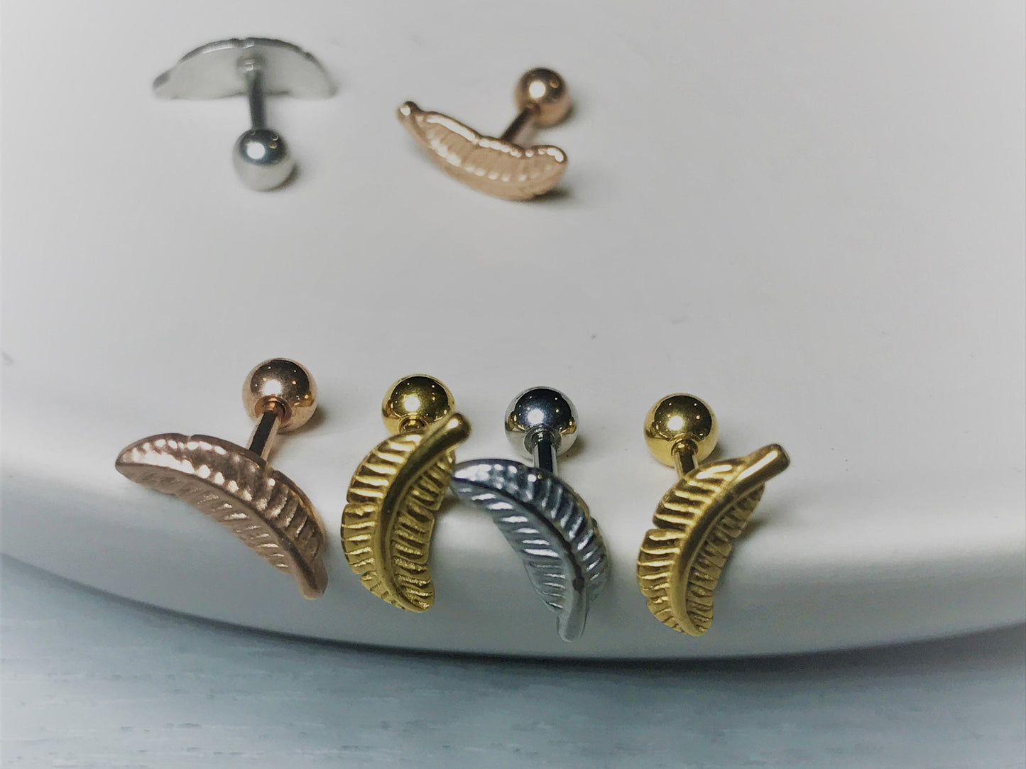 16G Tiny Piercing, Tragus Cartilage Helix Conch Piercing, Feather Ear Stud, Leaf earring, Externally threaded 316L Stainless Steel, Ball End