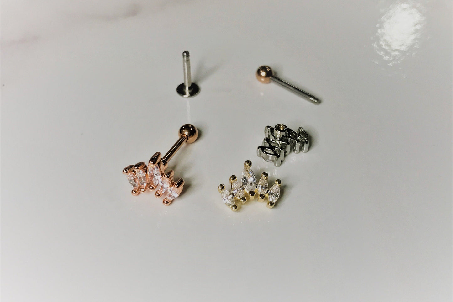 16G 18G Crown CZ Piercing, Helix, Conch, Tragus, Cartilage Earring, External Thread Ball End, 316 Surgical Steel, Tiara Stud