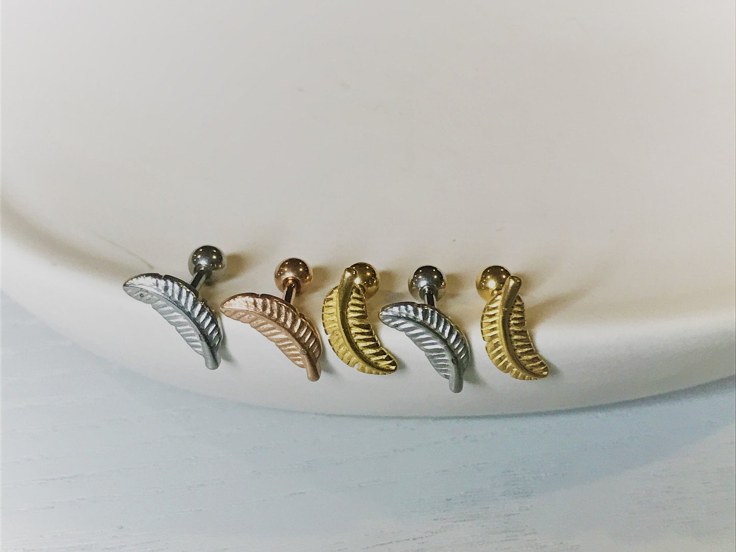 16G Tiny Piercing, Tragus Cartilage Helix Conch Piercing, Feather Ear Stud, Leaf earring, Externally threaded 316L Stainless Steel, Ball End