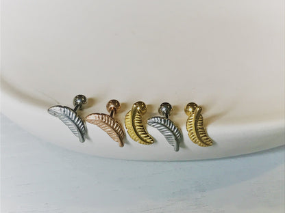 16G Tiny Piercing, Tragus Cartilage Helix Conch Piercing, Feather Ear Stud, Leaf earring, Externally threaded 316L Stainless Steel, Ball End