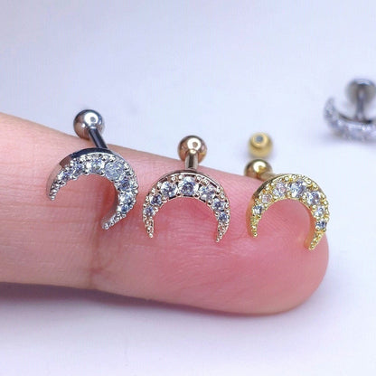 16G 18G Tiny Moon CZ Piercing, Helix, Conch, Tragus, Cartilage Stud, External Thread Ball End Labret,  316L Stainless Steel, 4mm-10mm Bar