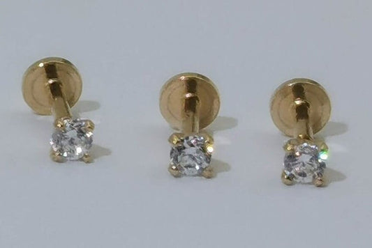 14k Gold Tiny CZ Internally Threaded Stud, 4mm, 5mm bar length,Monroe Piercing, Nose stud, Helix, Conch Tragus Cartilage Earring, Flat back