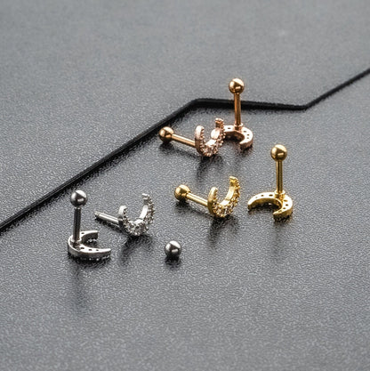 16G 18G Tiny Moon CZ Piercing, Helix, Conch, Tragus, Cartilage Stud, External Thread Ball End Labret,  316L Stainless Steel, 4mm-10mm Bar