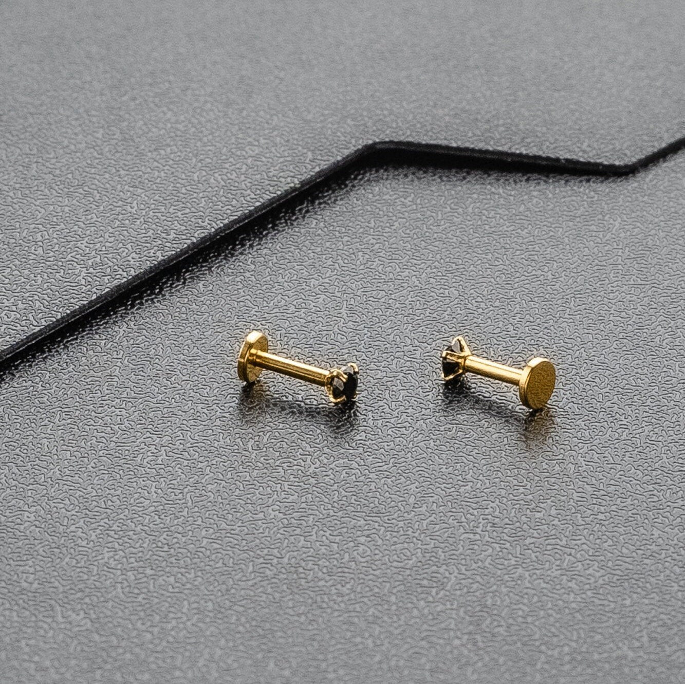 16G Gold Black CZ Piercing Stud Tiny Stud Black CZ Tragus Helix Cartilage Piercing  Flat back labret  Internally Threaded  Monroe Stud