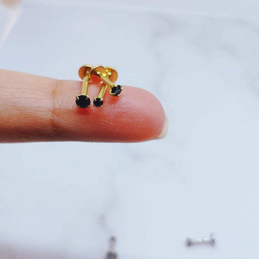 16G Gold Black CZ Piercing Stud Tiny Stud Black CZ Tragus Helix Cartilage Piercing  Flat back labret  Internally Threaded  Monroe Stud