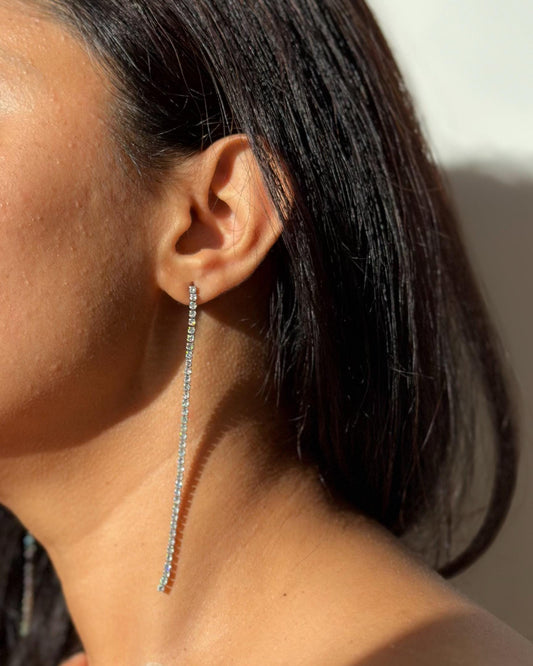 Sparkly Long  Silver Plated Zircon Drop Dangle Earrings