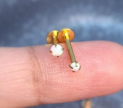 16G SilverWhite cultured Opal Stone Piercing2mm 2.5mm Labret StudTragus Helix Cartilage Daith Nose PiercingInternal thread Flat Back